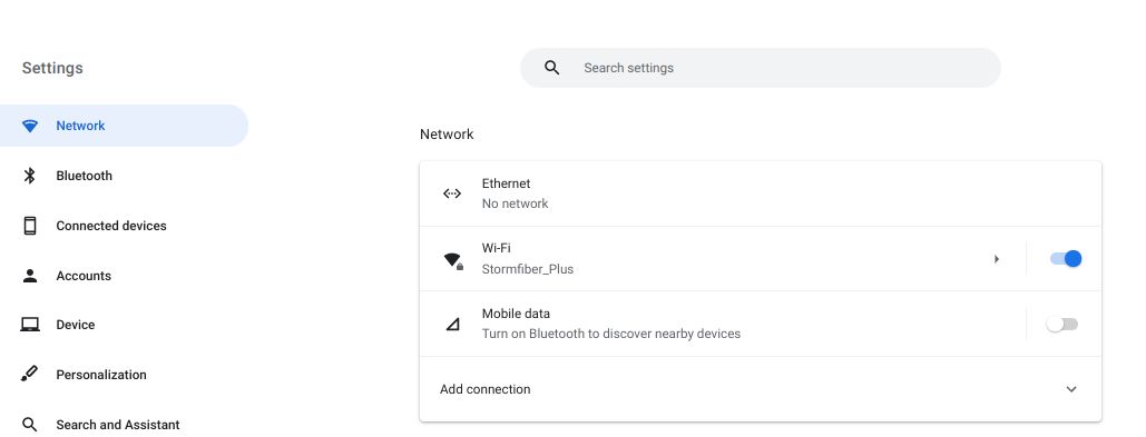 Selecting Network from the Sidebar in Chromebook Settings