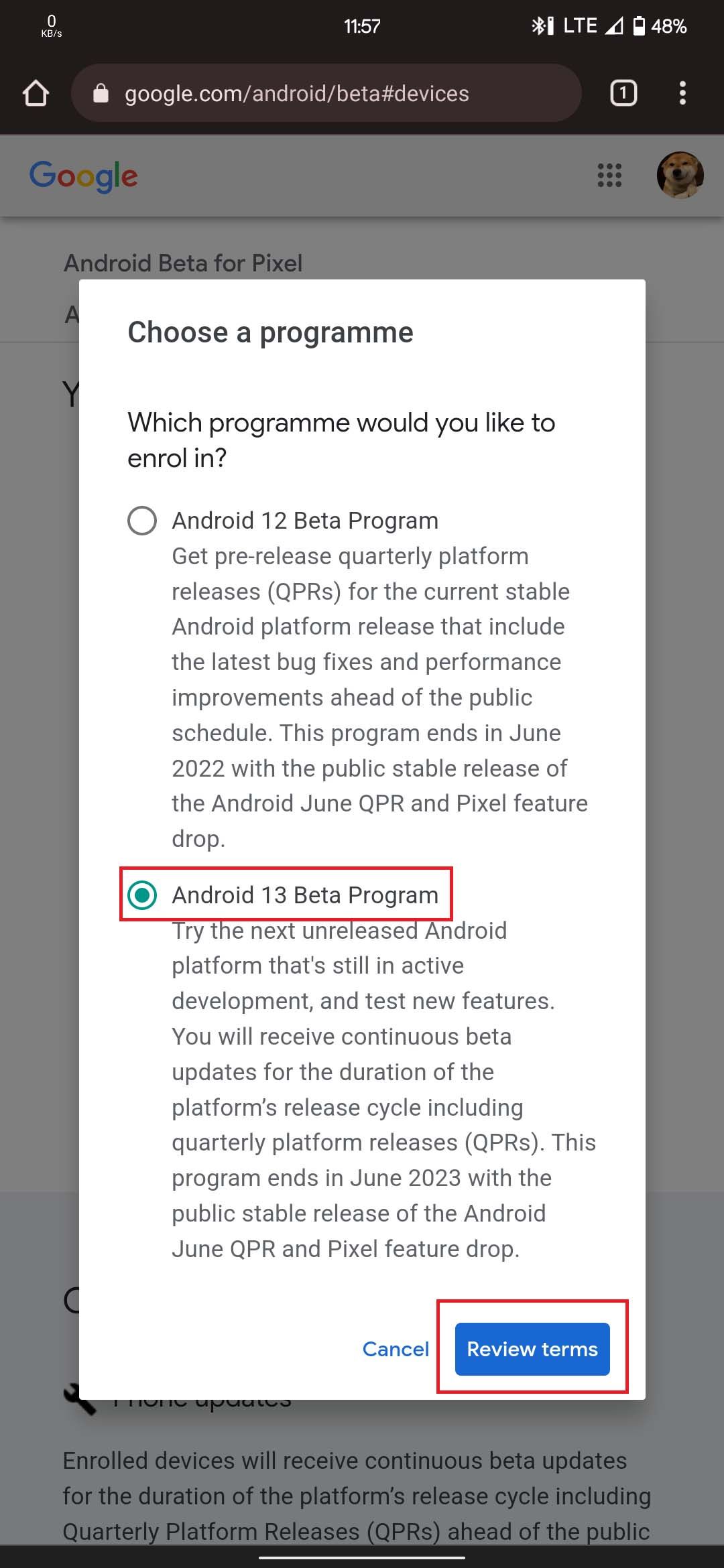 Selecting the Android 13 Beta Program