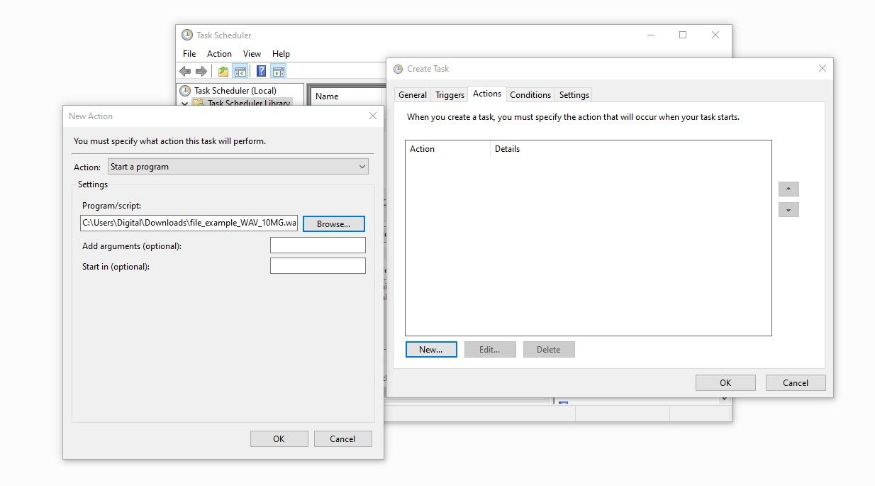 Setting Up a New Action With Music File in the Tab of Create Task Window in Task Scheduler