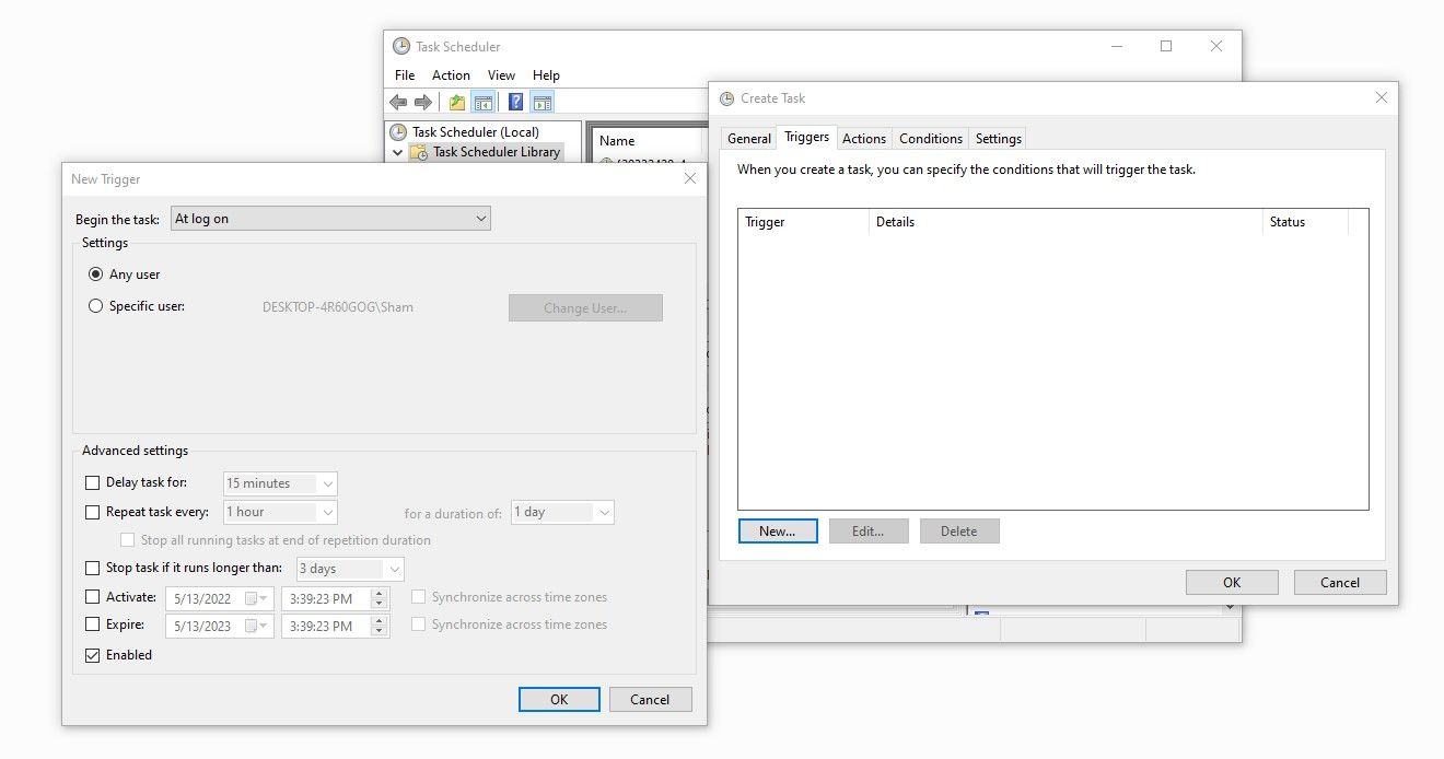 Setting Up a New Trigger in Trigger Tab of Create Task Window in Task Scheduler