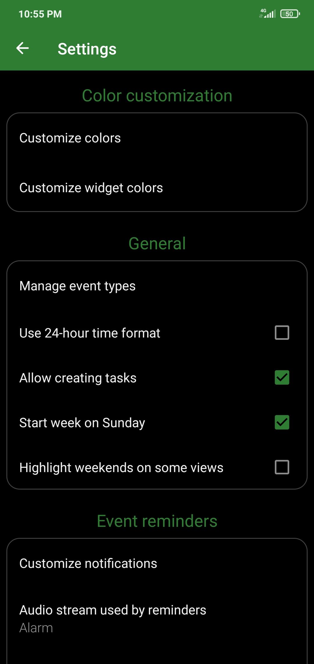 Screenshot of Simple Calendar Pro settings screen