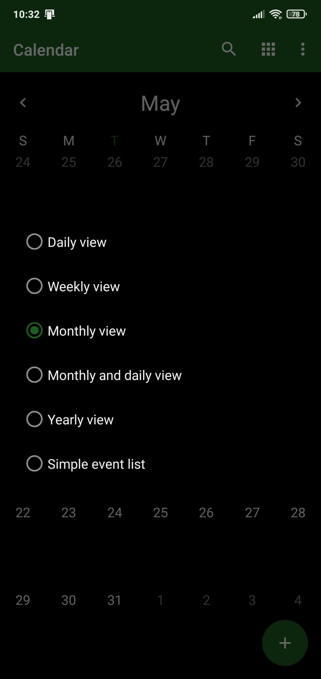 Screenshot of Simple Calendar Pro view options