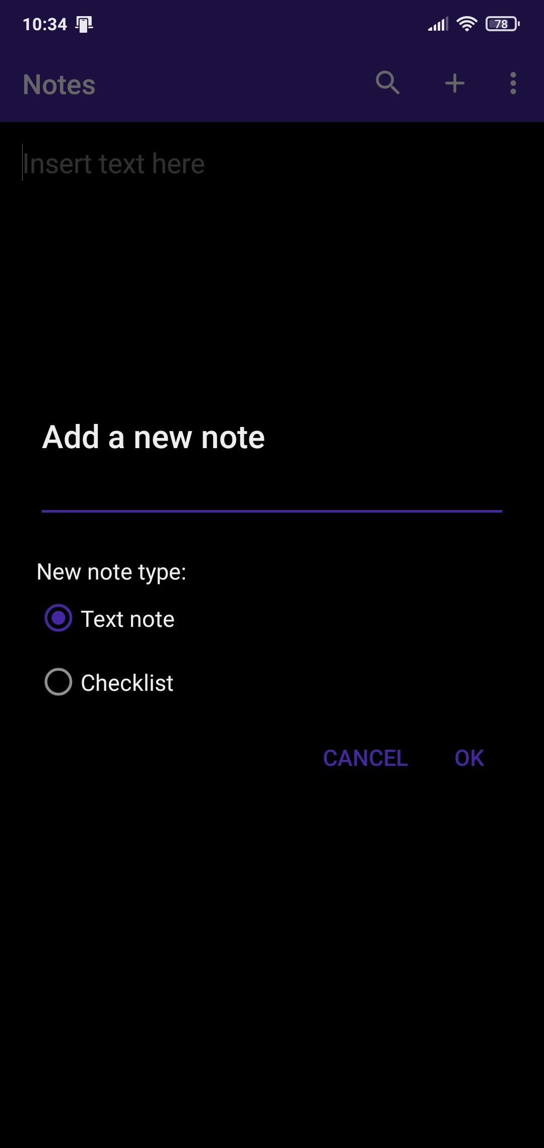 Screenshot of Simple Notes Pro note taking options