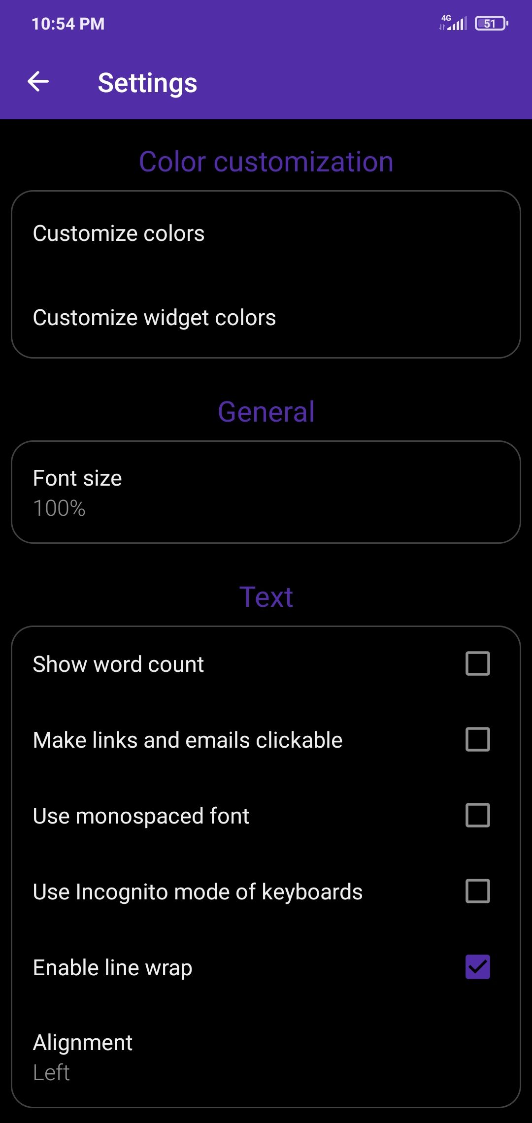 Screenshot of Simple Notes Pro settings screen