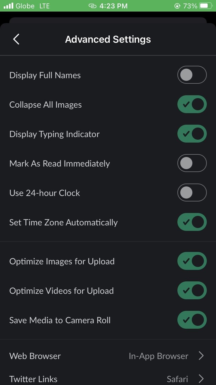 Slack Mobile App Advance Settings - Collapse Images