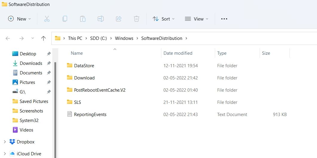 Different files inside the SoftwareDistribution folder