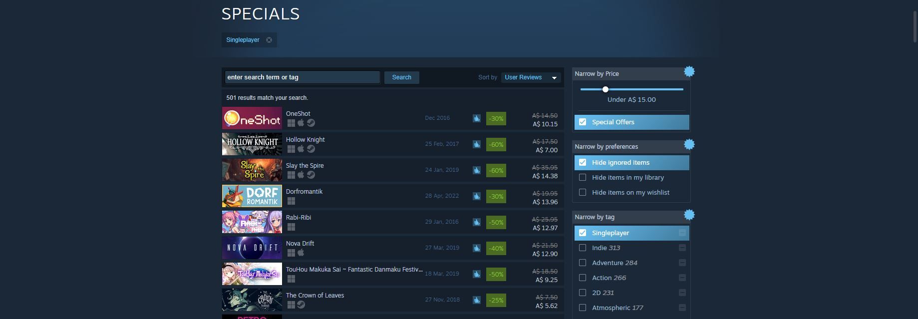 تصویری از ابزارهای جستجوی Steam در حال استفاده