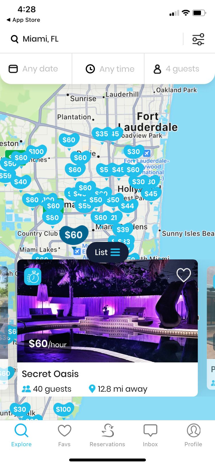 Screenshot showing swimming opportunities in Miami
