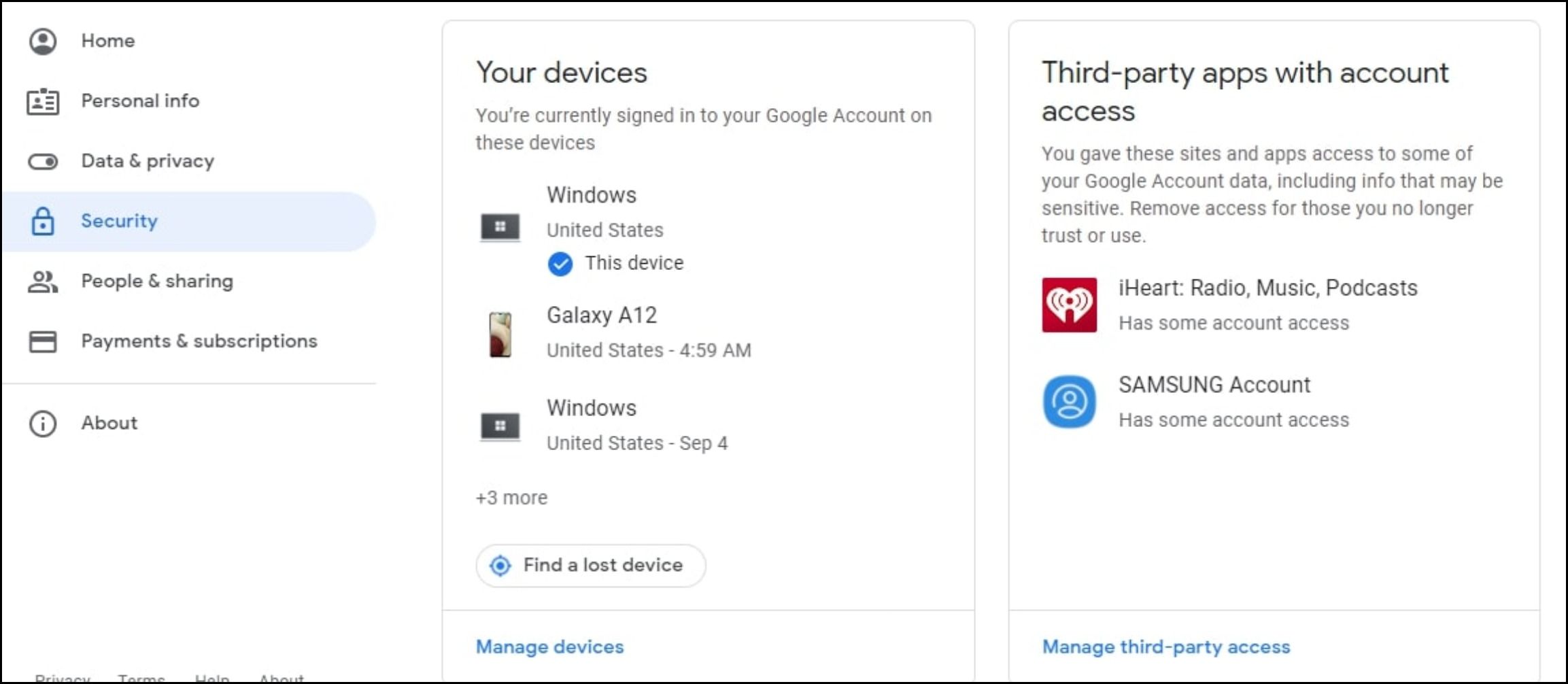 Security tab in Google account