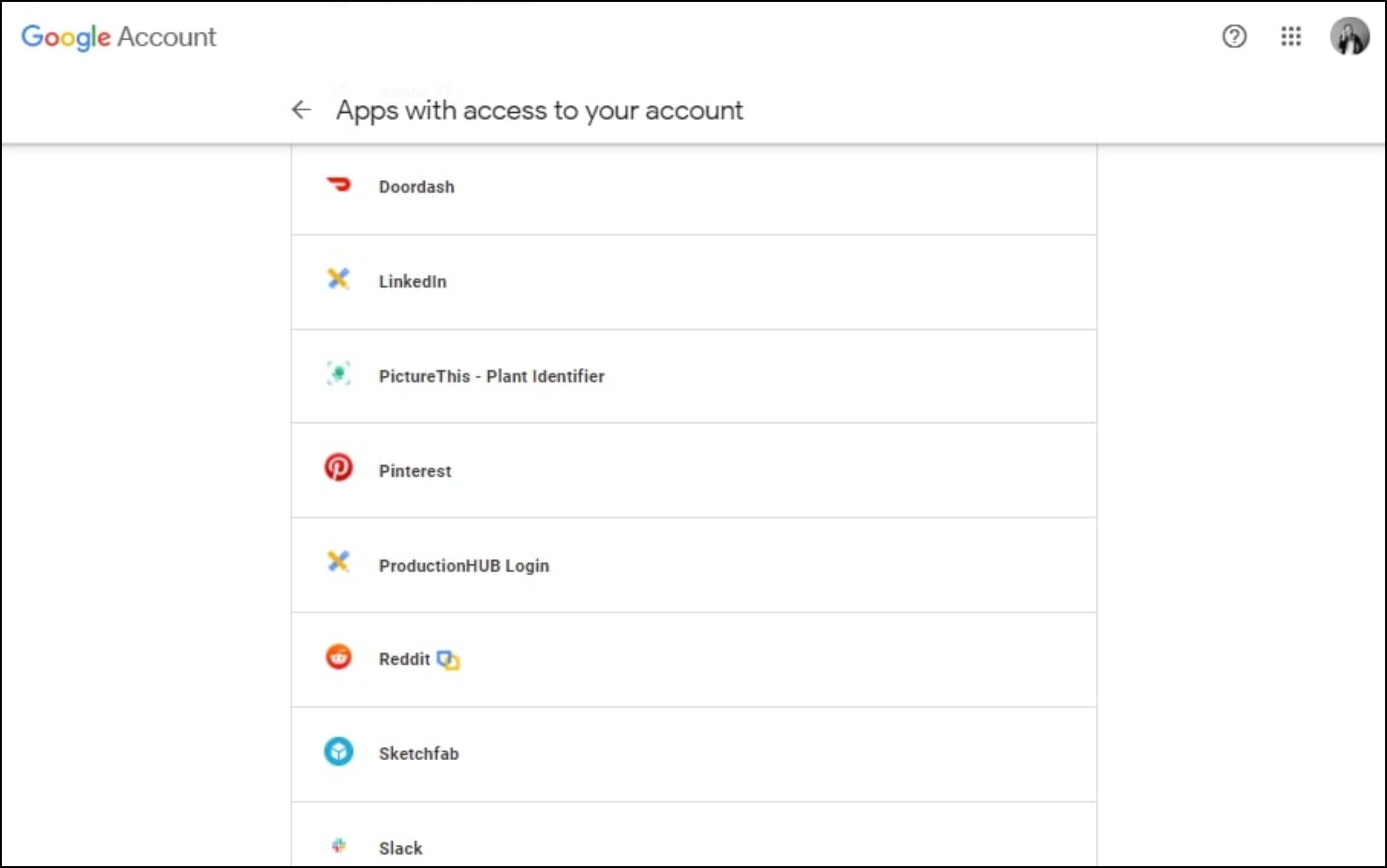List of apps with access to Google account