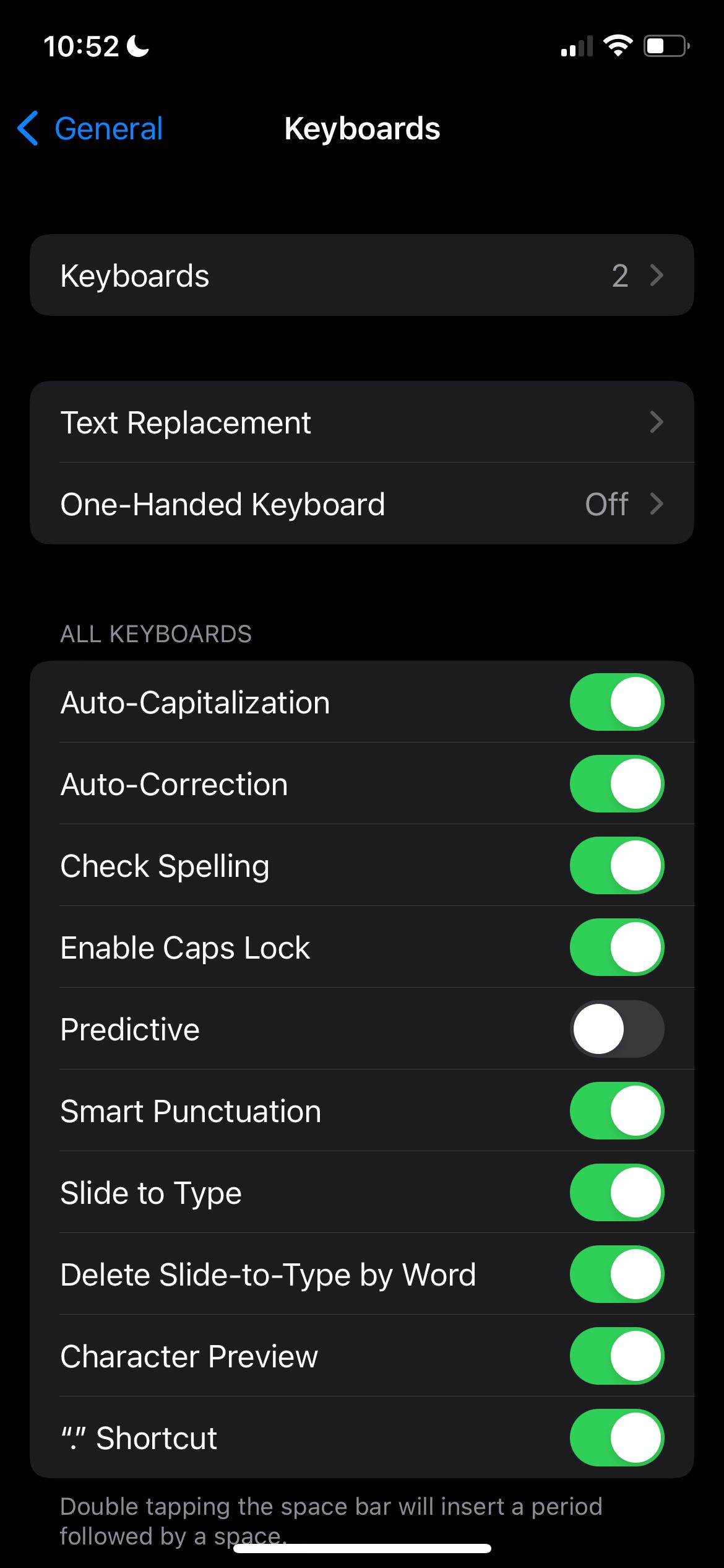 Keyboards settings on iPhone