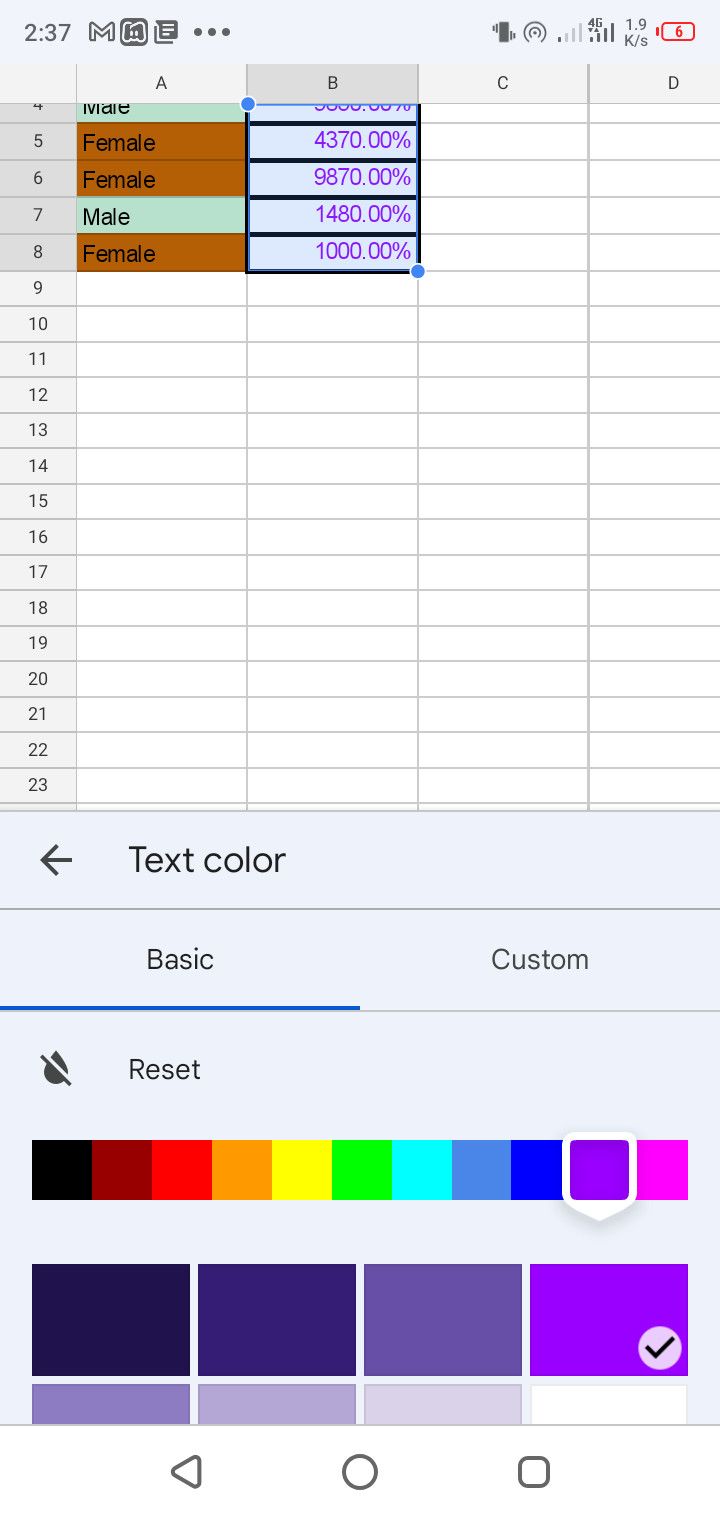 Text color selection menu in Google Sheets