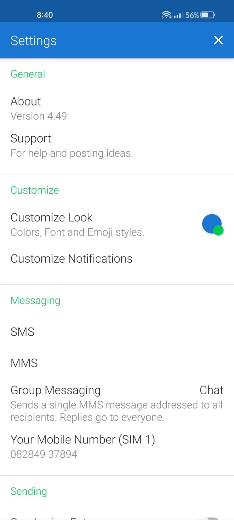 Textra SMS App Settings