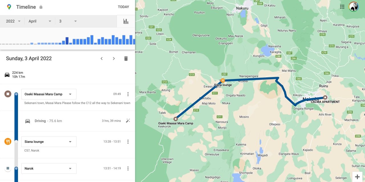 Google Maps timeline view of a single day