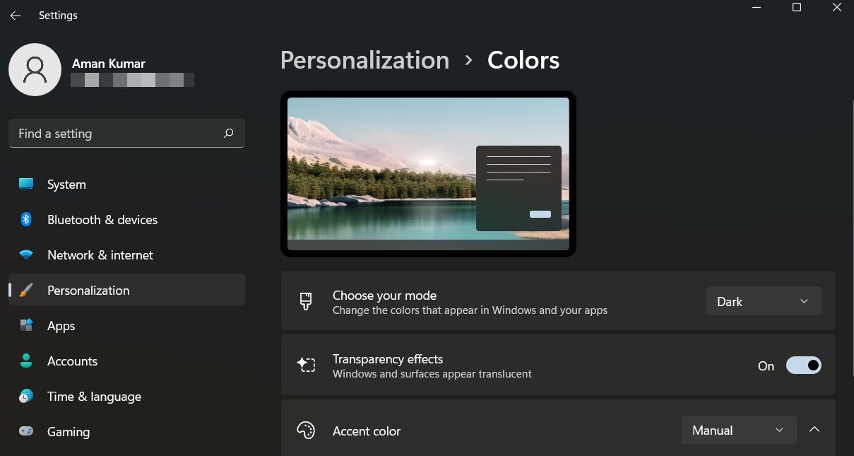 Windows 11 Personalization settings 