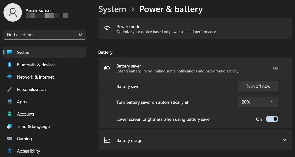 Windows 11 Battery Saver mode