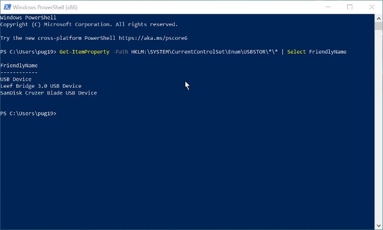 USB connection history displayed in Windows PowerShell