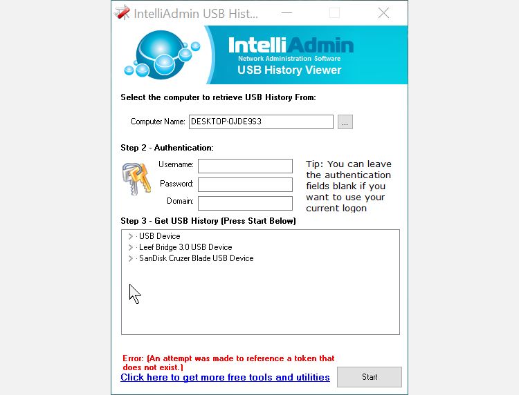 The USB history viewer app showing USB devices