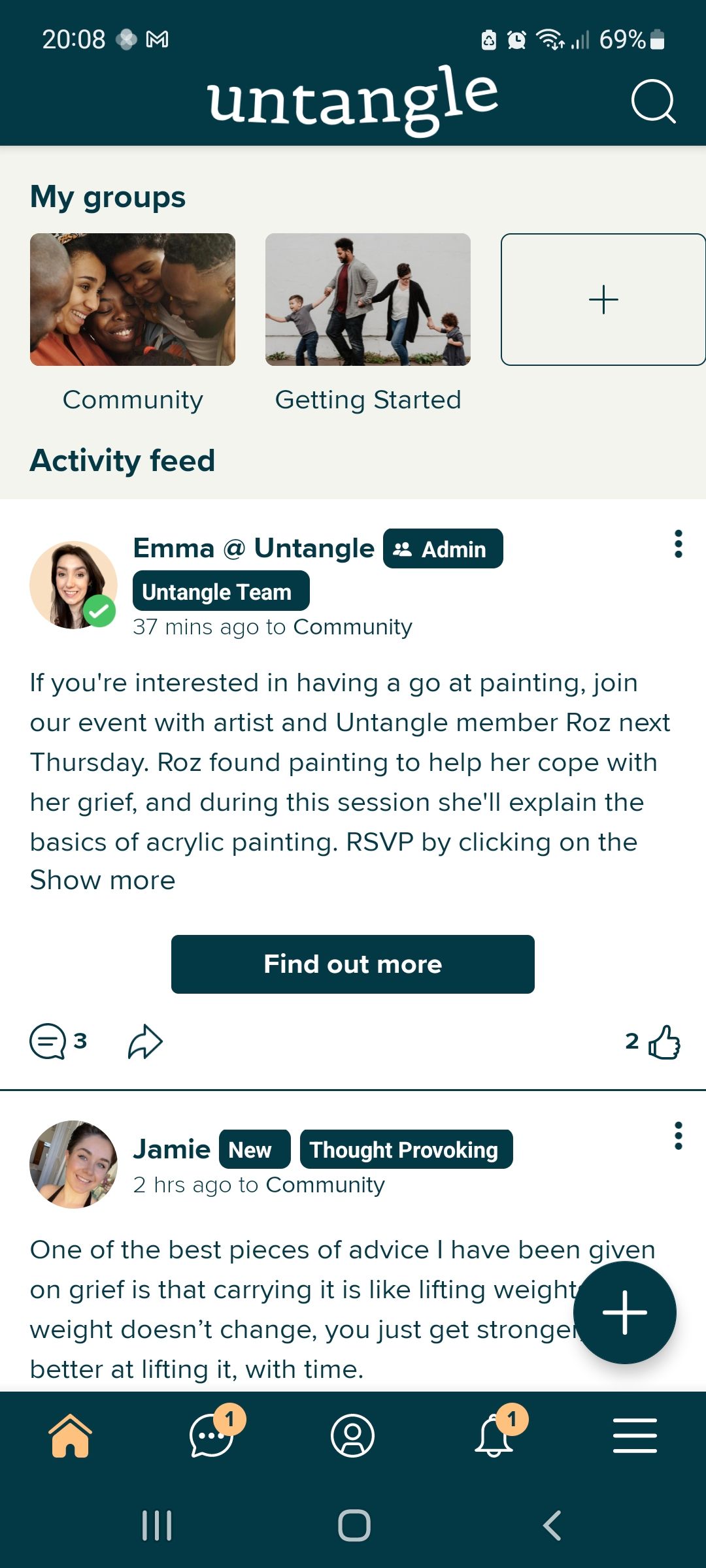 Untangle Grief app activity feed