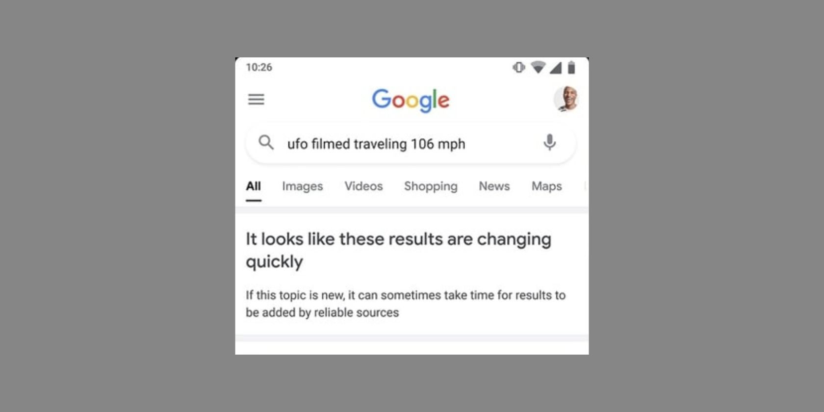 Screenhsot of a Google page with an alert to wait for more results