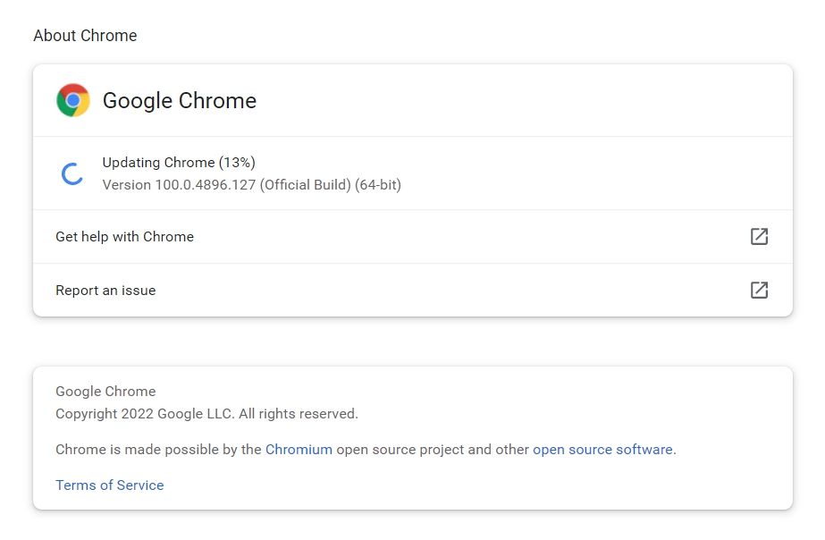 Google Chrome Update screen