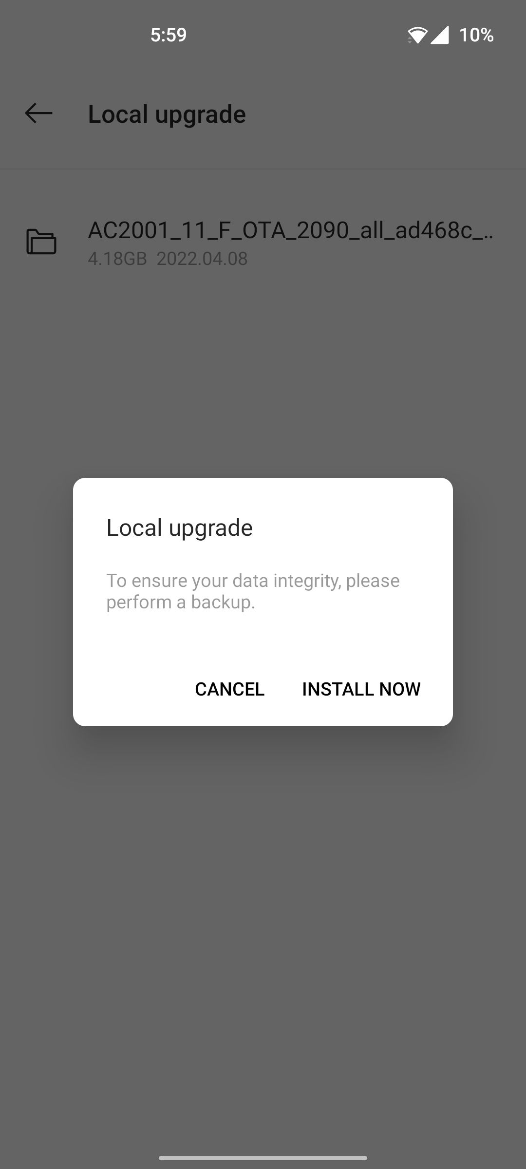 OxygenOS local upgrade confirmation screen