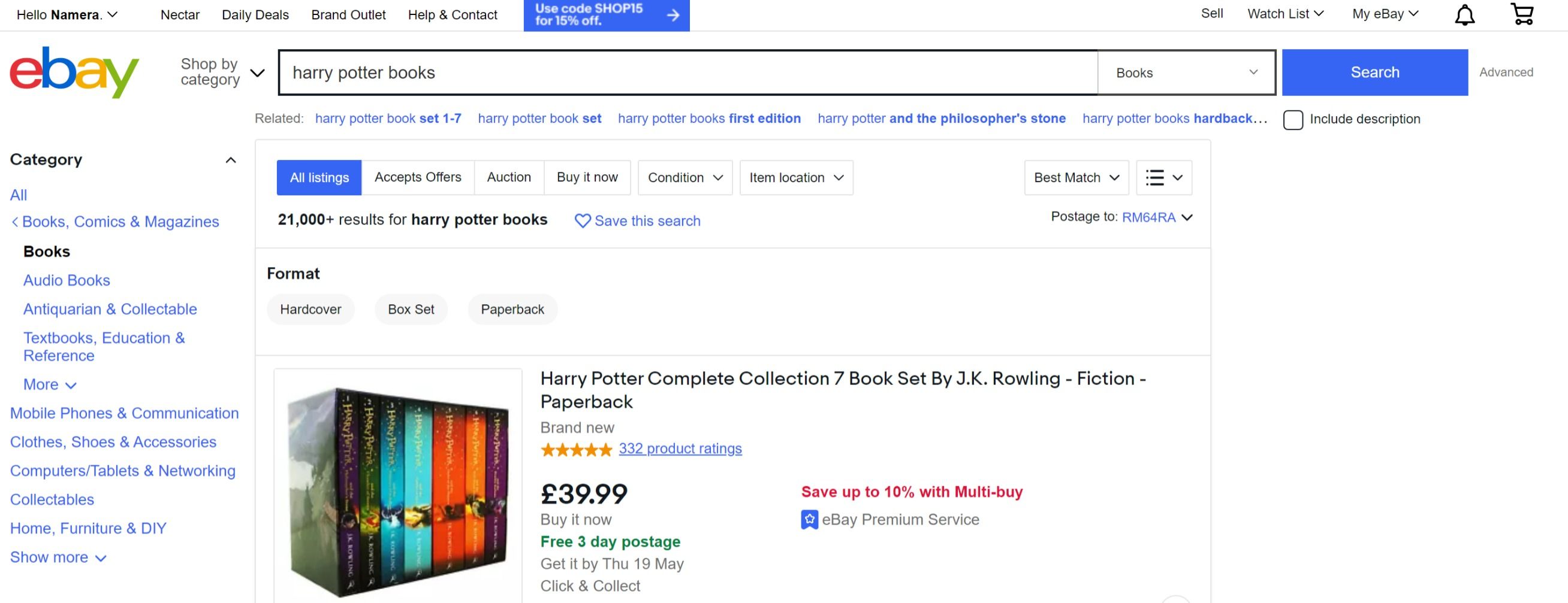 Results page on eBay for Harry Potter books