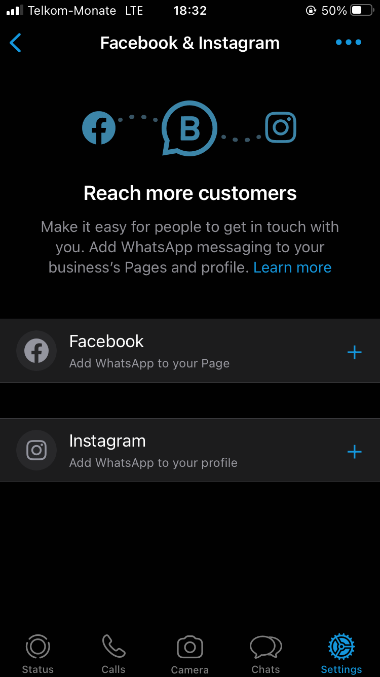 WhatsApp Business feature for Facebook and Instagram