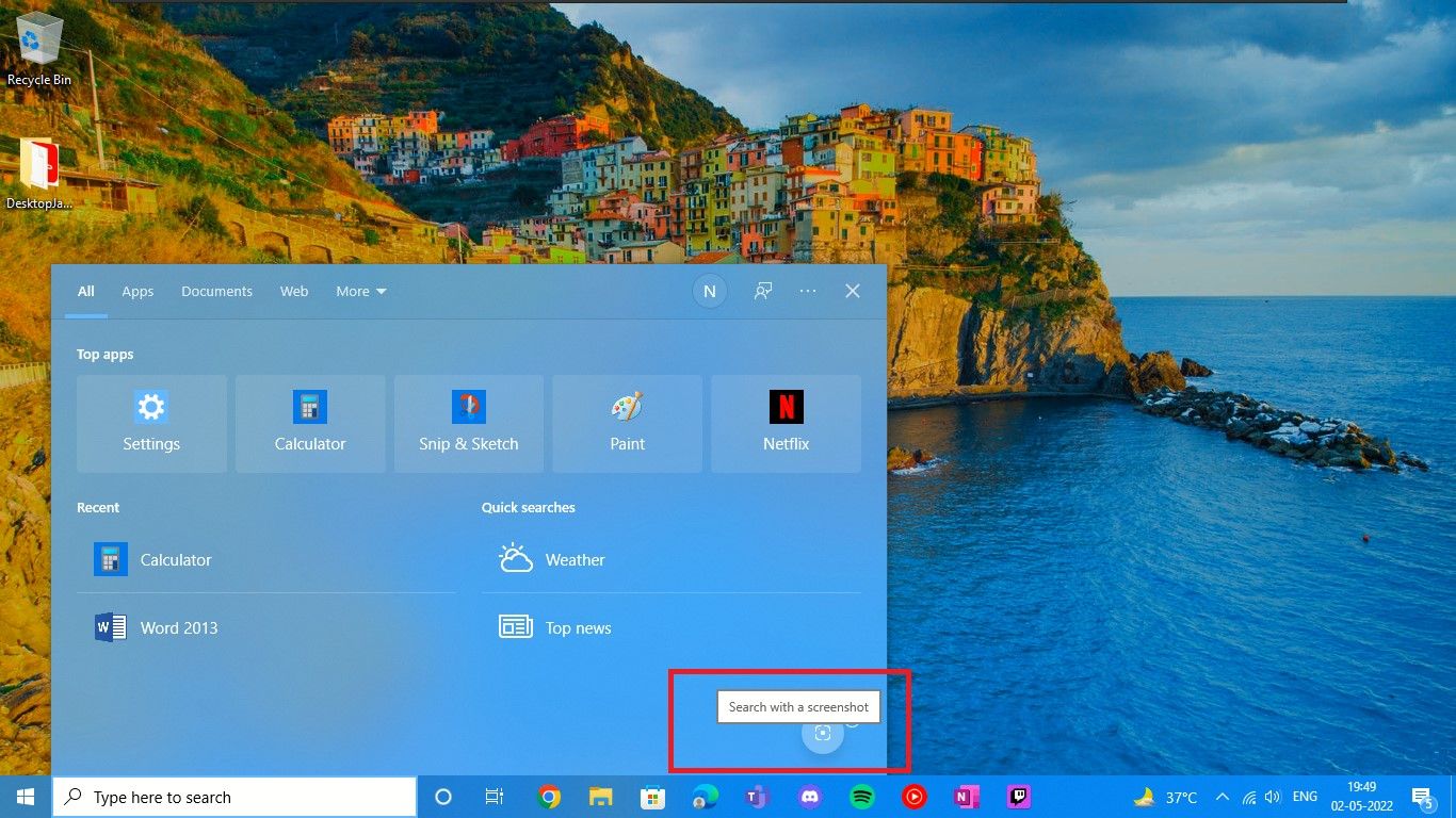 Windows Search UI with Bing Visual Search Camera Icon on Laptop