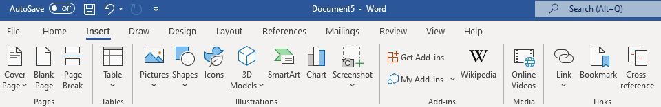 Insert tab in Word Document showing Wikipedia log/add-in