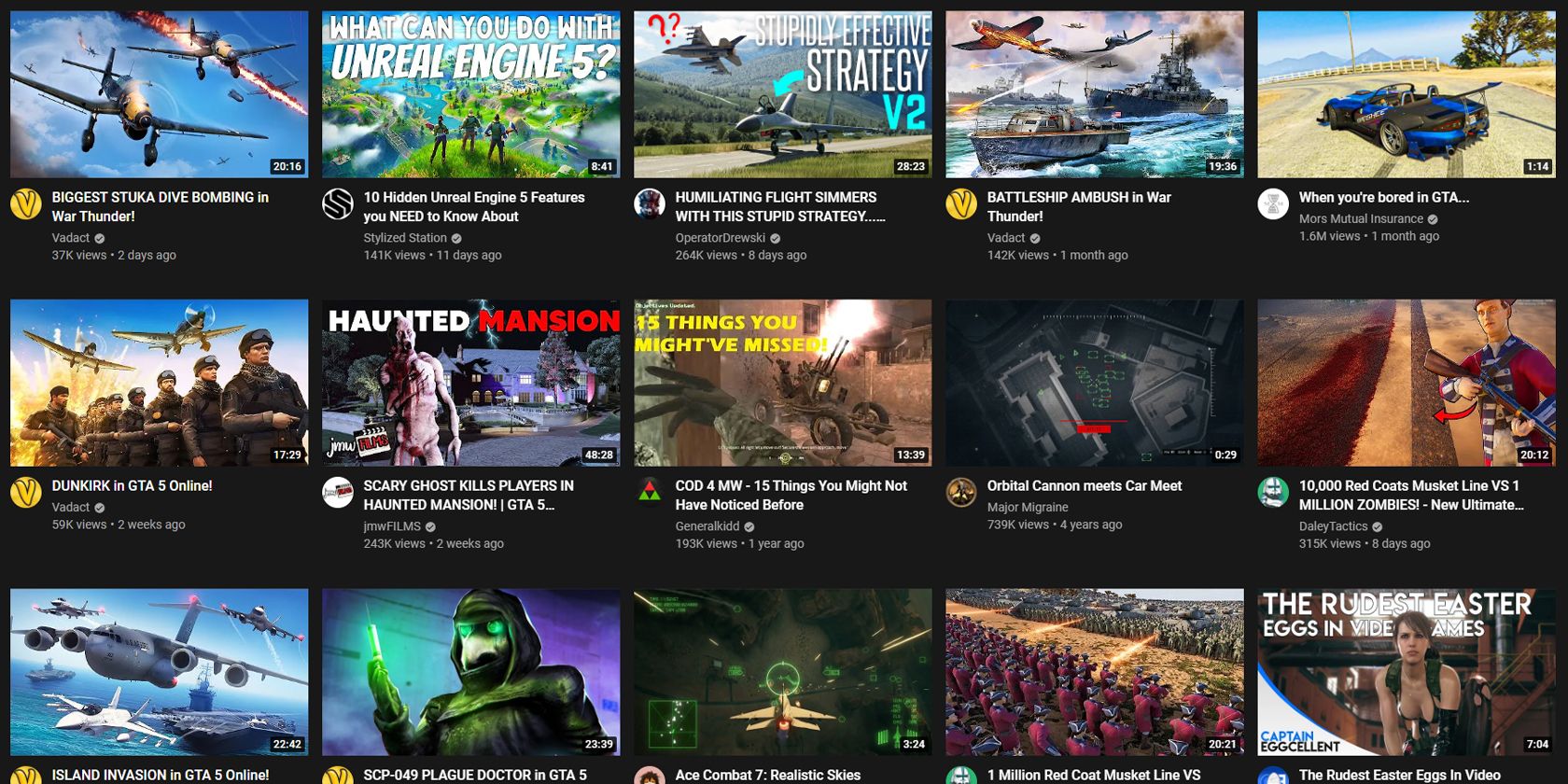 Suggested YouTube gaming video content