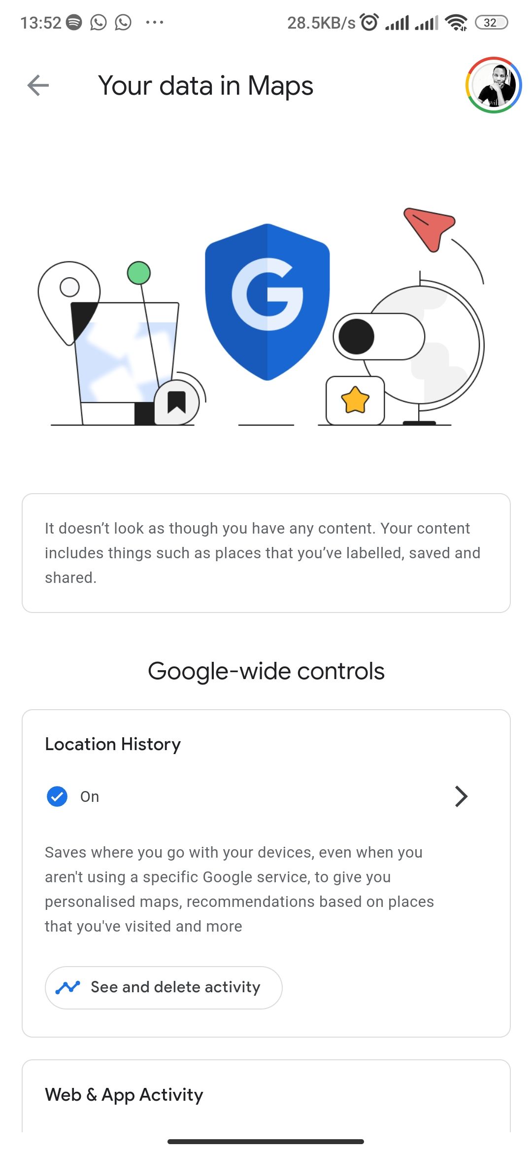 Google-wide controls page with Location History enabled