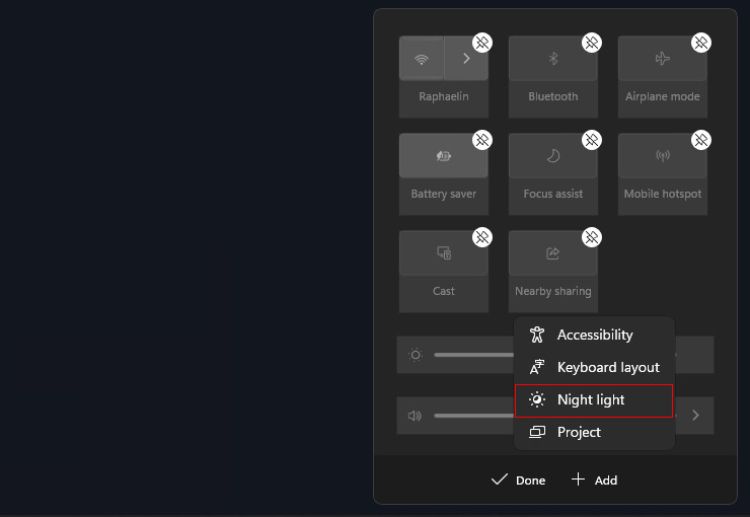 اضافه کردن نور شب به تنظیمات سریع ویندوز 11