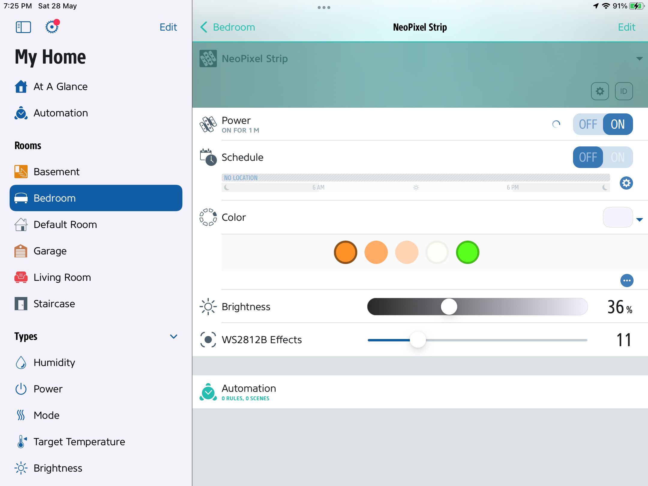 adjust color brightness effects schedule using eve homekit app