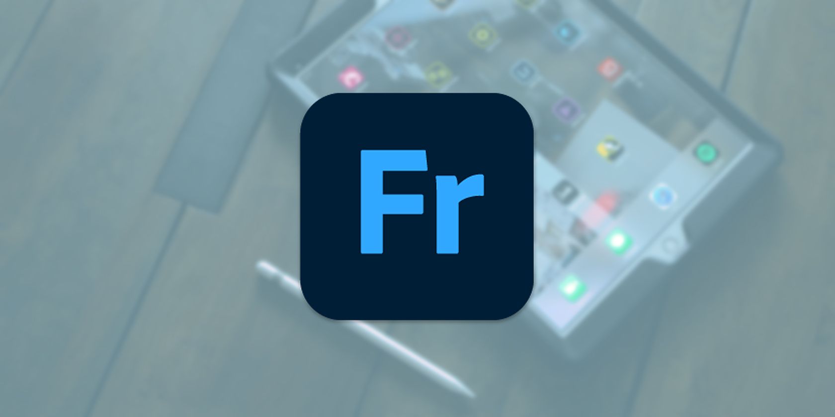 Adobe Fresco logo on blue overlay with iPad and Apple Pencil in the background.