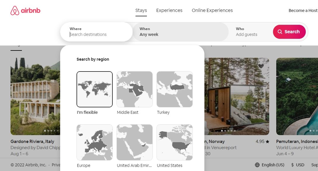 airbnb homepage destination screenshot