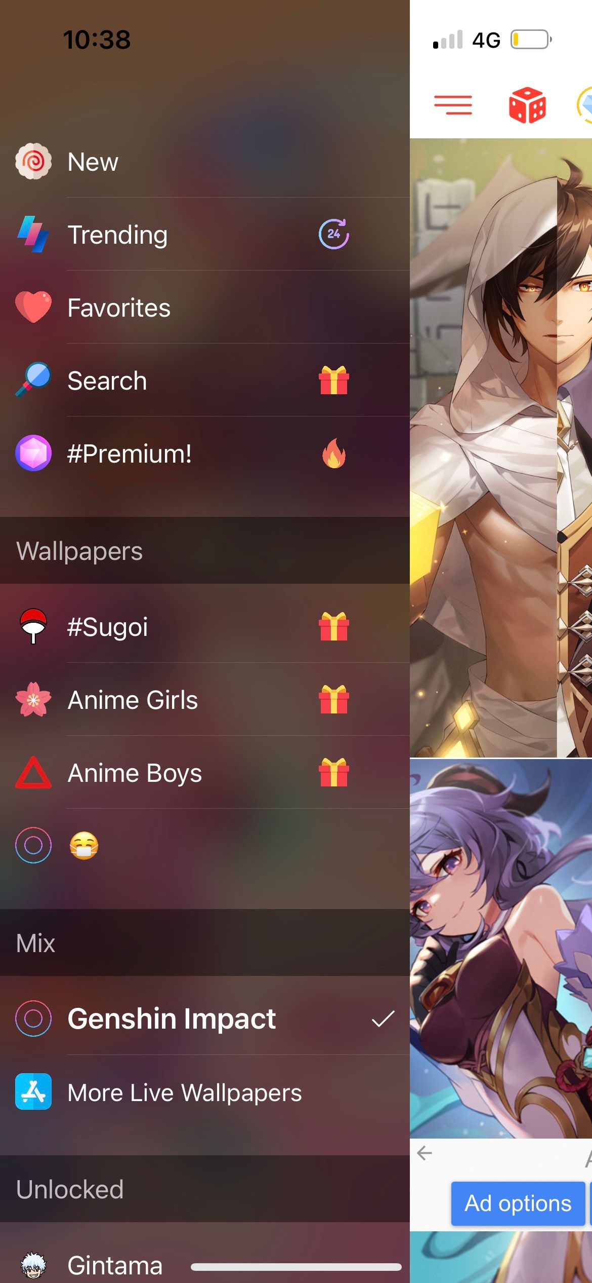 anime and wallpapers app menu