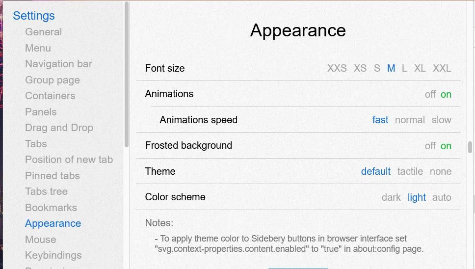 Screenshot showing the Appearance settings
