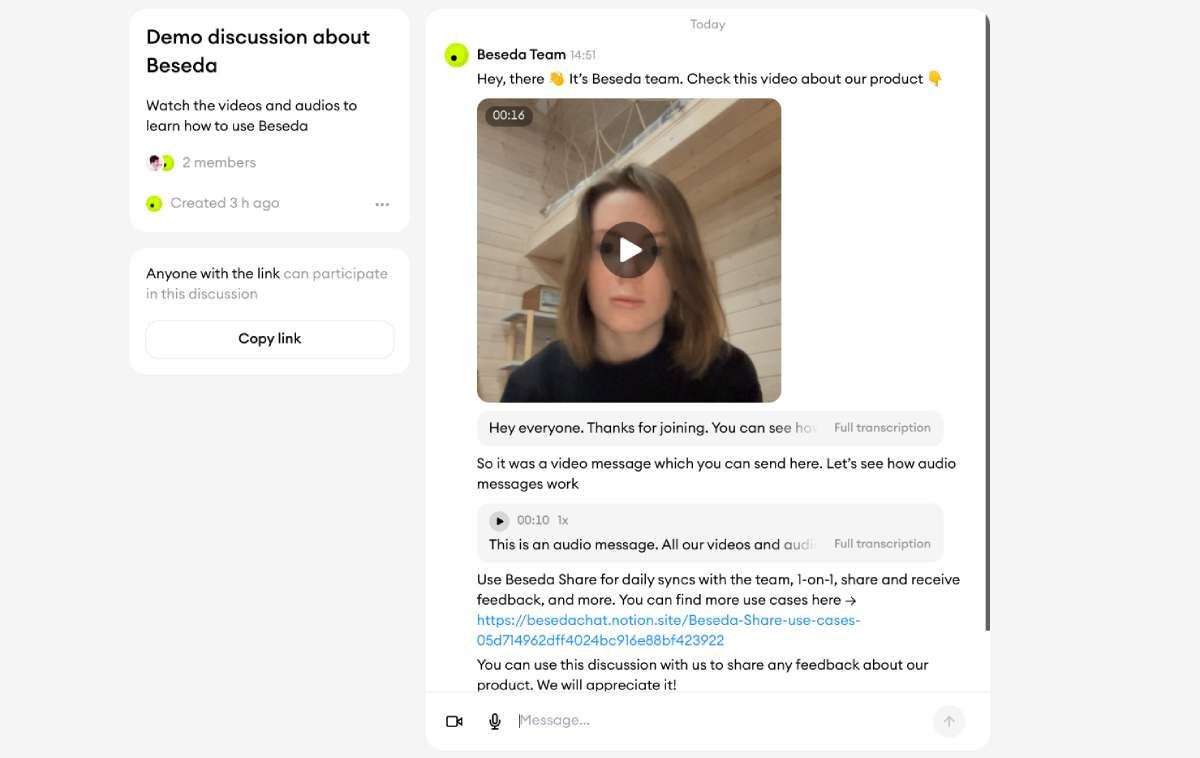 Beseda is a free asynchronous video and voice messaging app for teams or regular users