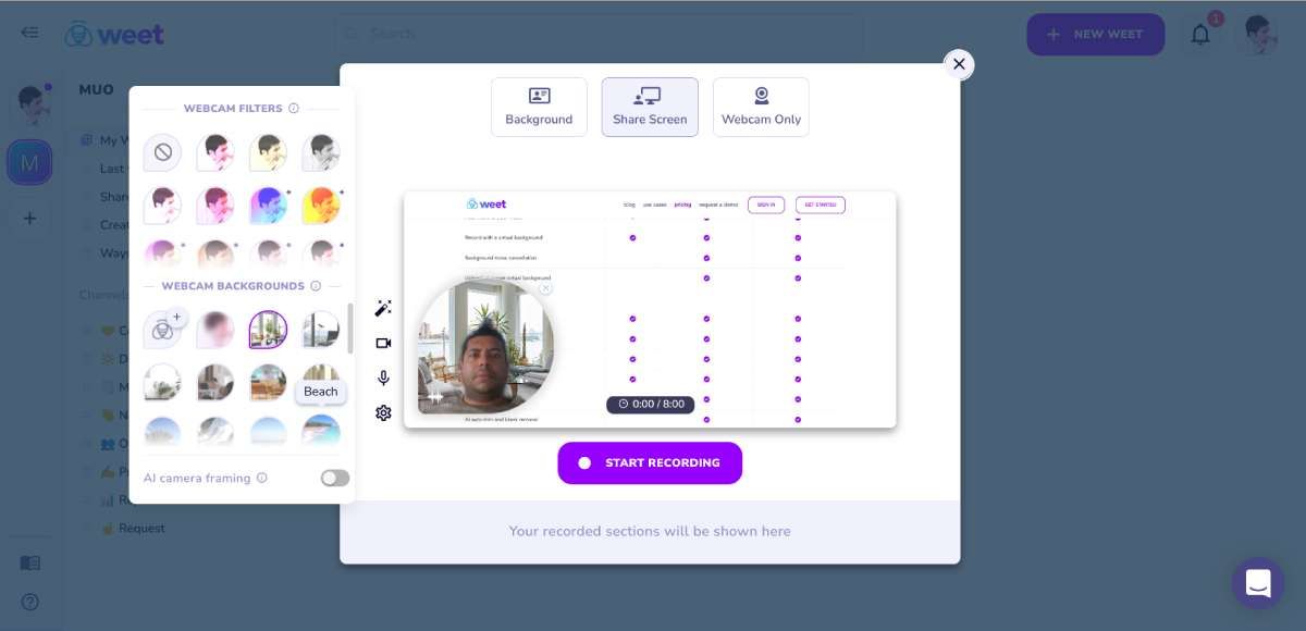 Weet lets you send asynchronous video messages to your team or clients, and organize them in workspaces and channels 