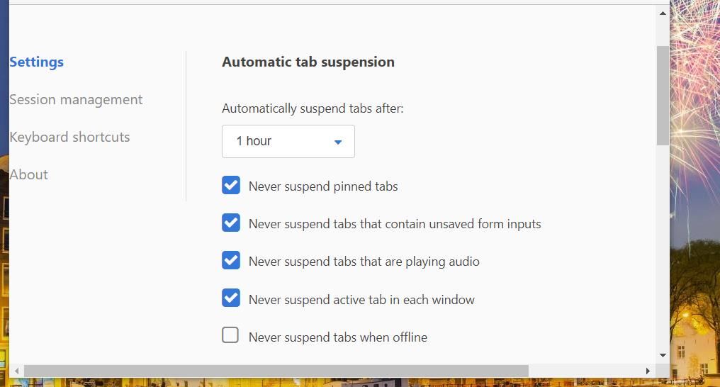 Automatic tab suspension options 