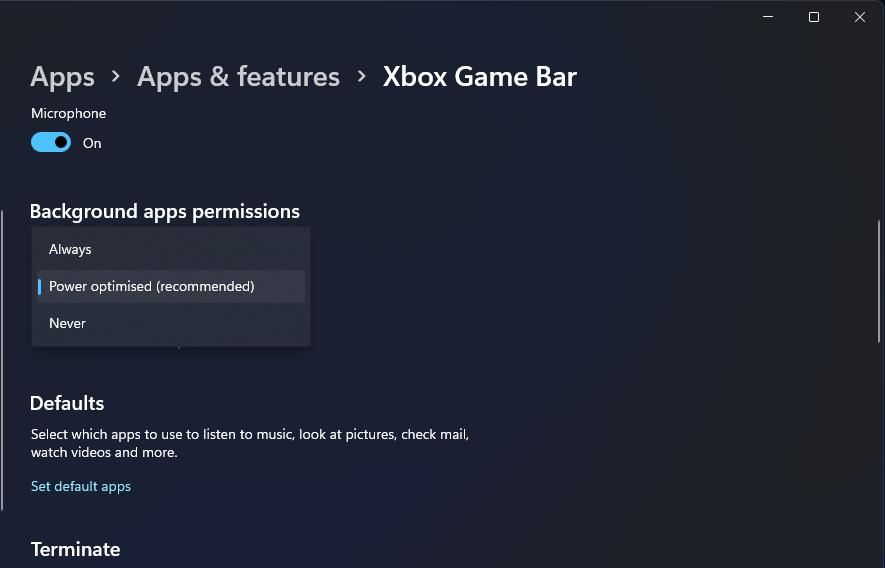 The Background app permissions drop-down menu
