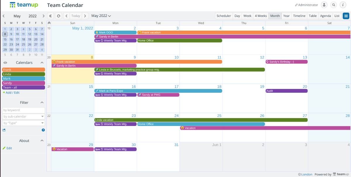 Teamup gives each team member a sub-calendar, and a series of filters for task types, to make a shareable calendar for teams so everyone is aware of everyone's schedules