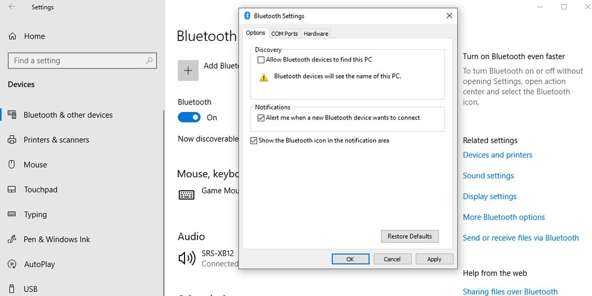 Bluetooth settings in Windows 10.