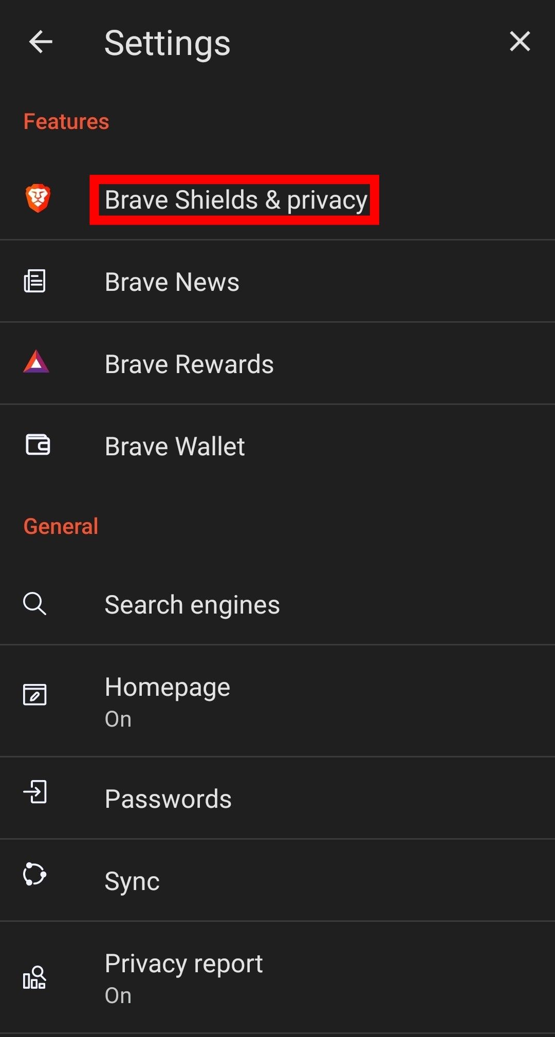 Privacy settings button on Brave Browser Android