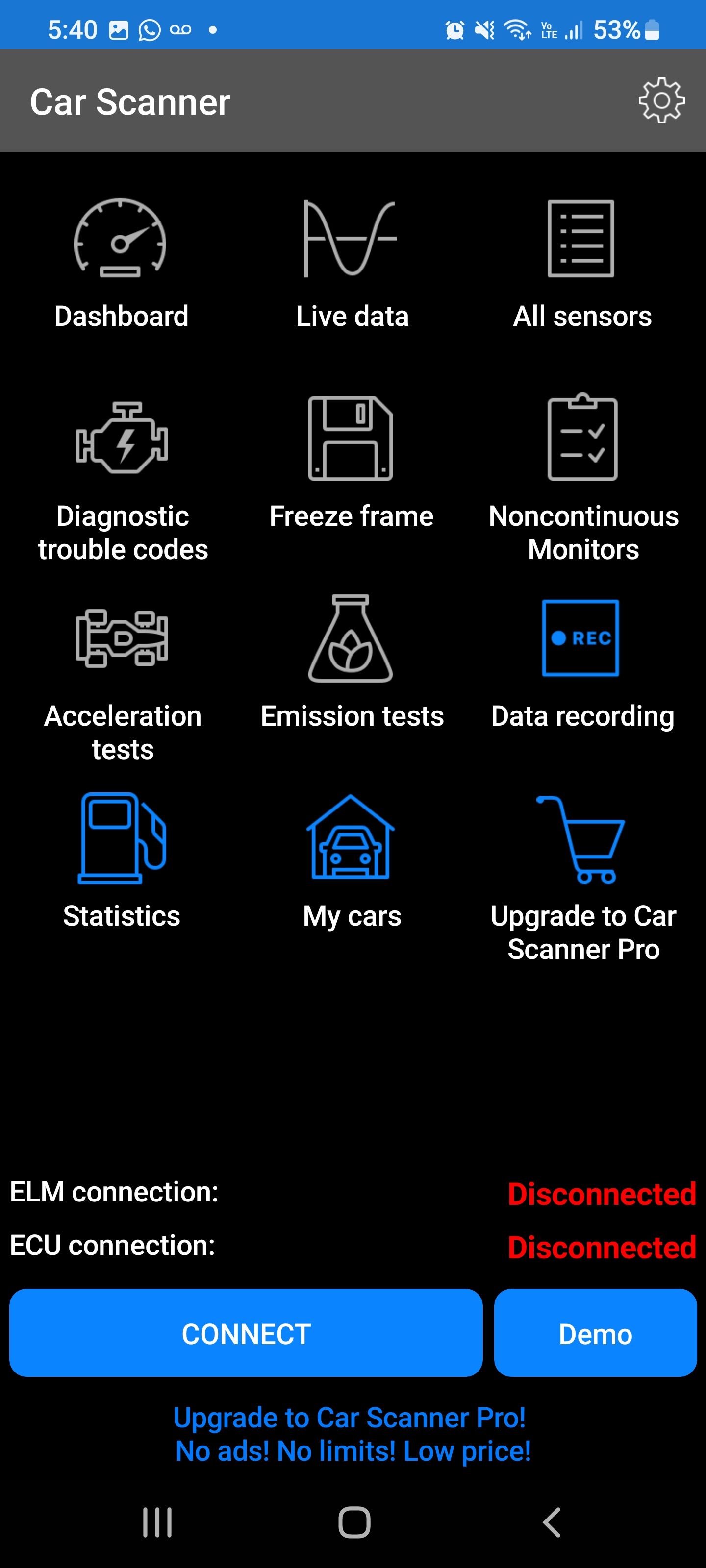 screenshot of car scanner elm app showing main menu