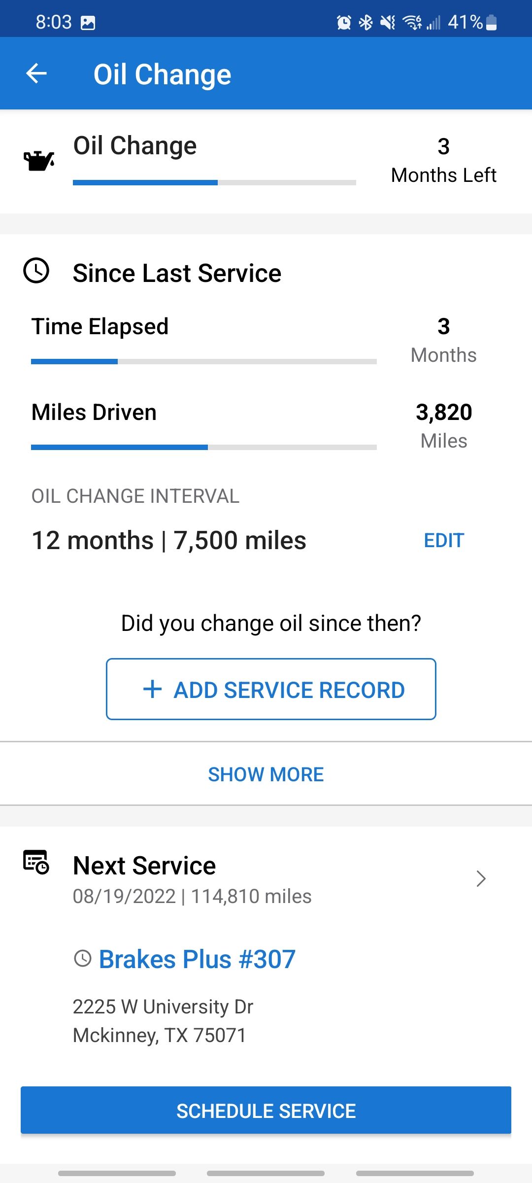 carfax app estimate for next oil change needed