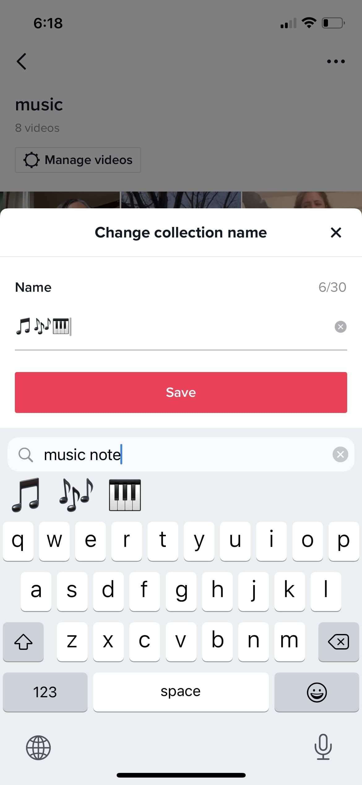 Screenshot of user changing a collection title on TikTok