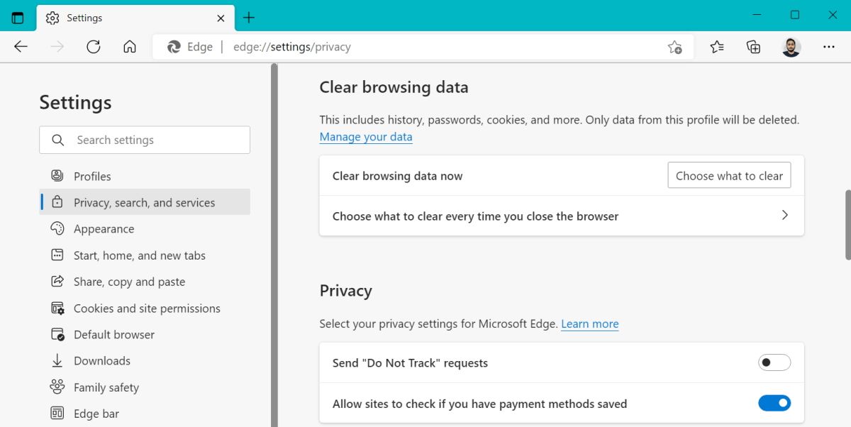 clear browsing data in edge