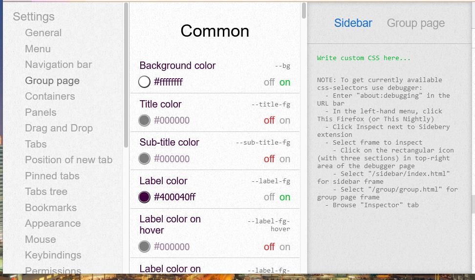 Screenshot showing Sidebery's common color options 